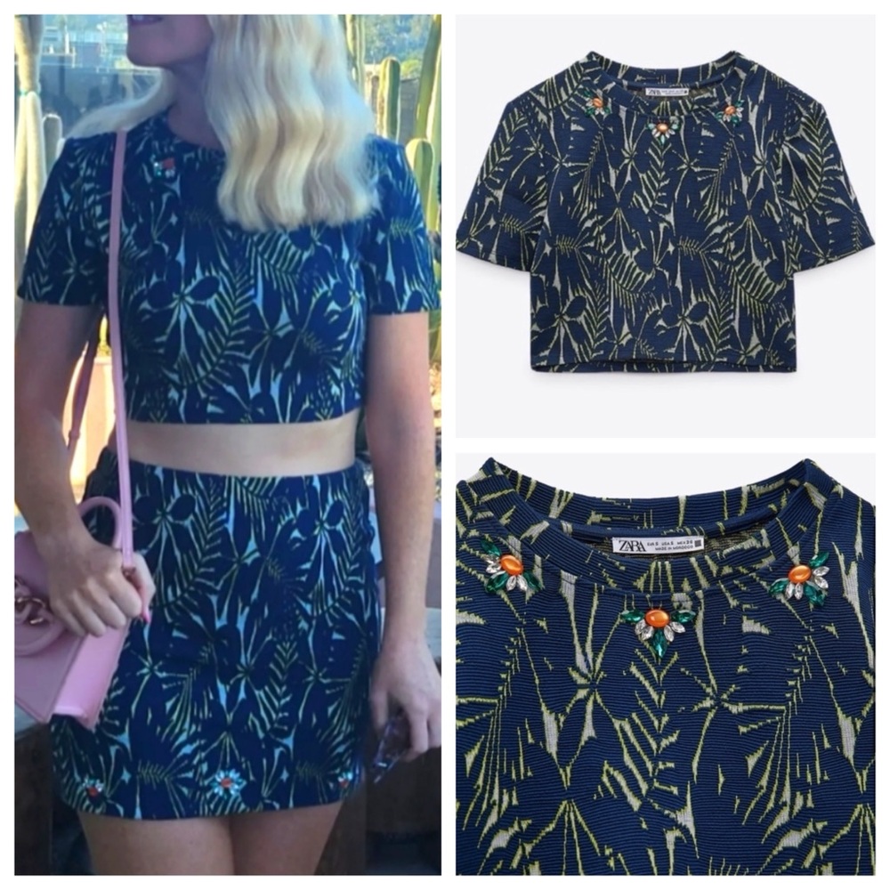 ZARA JEWELED PEBBLE JACQUARD TOP - Dark Blue Leaf Tropical